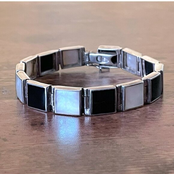 Vintage Sterling Silver Black Onyx Mother of Pearl Link Panel Bracelet 925 7" - Picture 2 of 10